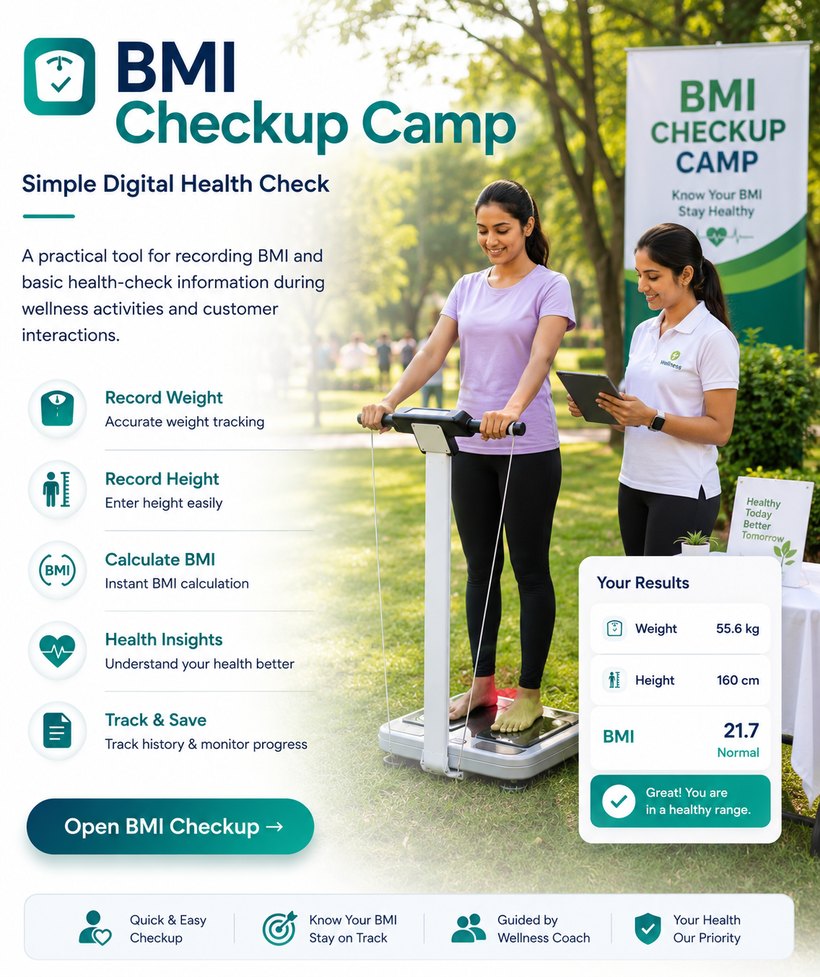 BMI Checkup Camp — record participants' BMI at wellness camps and follow up with them on WhatsApp