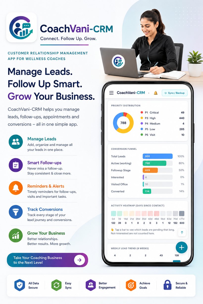 CoachVani-CRM — manage leads, follow-ups, reminders and conversions for wellness coaches