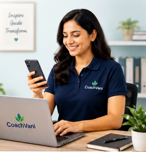 A wellness coach using CoachVani on both her phone and laptop