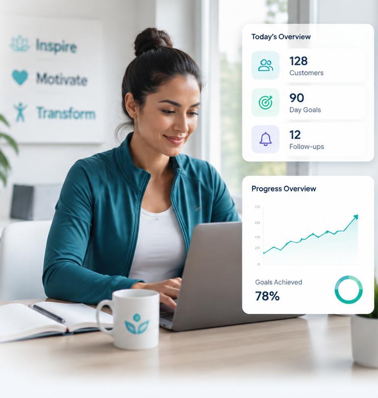 A wellness coach managing her customers on CoachVani, with a live dashboard of clients, goals and progress